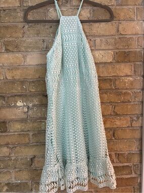 VENUS Light Aqua Crochet Halter Midi Dress